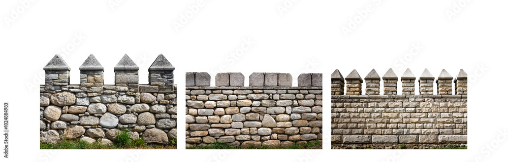 Poster A stone wall with a pattern of square blocks and rounded stones with decorative triangle-shaped tops along the top.