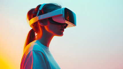 Young Girl Experiencing Virtual Reality with a VR Headset in a Minimalistic White Setting, Representing Future Technology and Immersive Experiences