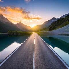 a road in the middle of a mountain lake at sunset