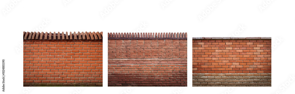 Poster A brick wall with three different types of brickwork. The wall is split into three sections. The first section has a decorative brick cap, the second section has a simple brick cap, and the third sect