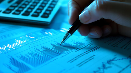Close-up of Hands Analyzing Financial Data on Paper with a Pen, Representing Business Analysis, Financial Reports, and Decision Making.