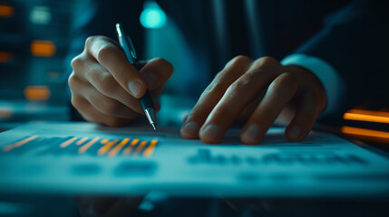 Close-up of Hands Analyzing Financial Data on Paper with a Pen, Representing Business Analysis, Financial Reports, and Decision Making.