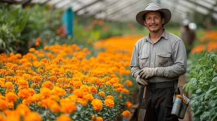 Man wearing a hat is standing in a greenhouse. He is holding a gardening tool. dedicated flower farm worker standing confidently in vibrant greenhouse filled with rows of blooming orange flowers.