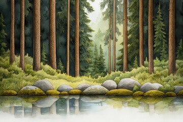 Serene forest landscape with tall trees and rocks reflecting in a calm river, capturing the tranquil beauty of nature in a picturesque scene.