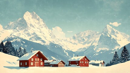 A classic travel poster for the Swiss Alps, featuring snowy mountain peaks and a cozy village below, soft blues and whites with pops of red for the chalets, clean retro design with bold typography,