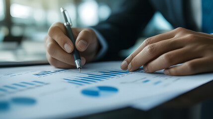 Close-up of Hands Analyzing Financial Data on Paper with a Pen, Representing Business Analysis, Financial Reports, and Decision Making.