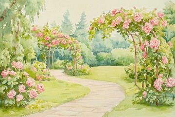 Obraz premium Serene garden path adorned with blooming rose arches, surrounded by lush greenery, perfect for tranquil outdoor settings and relaxation.