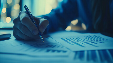 Close-up of Hands Analyzing Financial Data on Paper with a Pen, Representing Business Analysis, Financial Reports, and Decision Making.