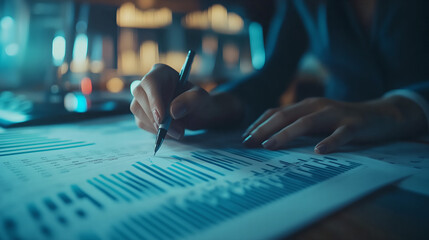 Close-up of Hands Analyzing Financial Data on Paper with a Pen, Representing Business Analysis, Financial Reports, and Decision Making.