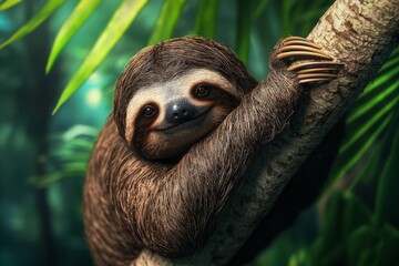 Fototapeta premium Sloth clinging to a tree branch, dense jungle atmosphere, 3D illustration