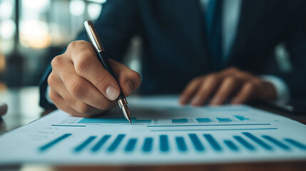 Close-up of Hands Analyzing Financial Data on Paper with a Pen, Representing Business Analysis, Financial Reports, and Decision Making.