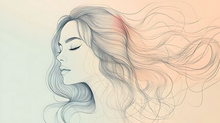 A continuous line art portrait of a woman with flowing hair, abstract shapes and delicate curves capturing her features, minimalist style with no shading, placed on a subtle pastel background,