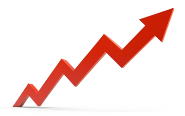 A red arrow pointing upwards in a zig-zag pattern, isolated on white.  Ideal for illustrating growth, progress, success, or positive trends in business, finance, or any upward trajectory.