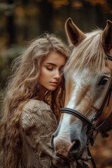 Beautiful Woman with Long Hair Hugging Horse in Autumn Forest