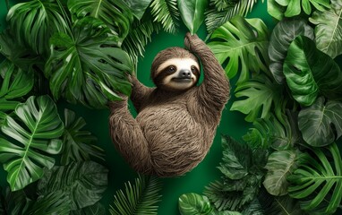 Fototapeta premium Sloth hanging from a tree, surrounded by vibrant jungle plants, 3D illustration