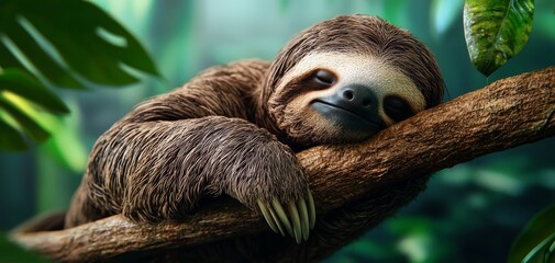 Fototapeta premium Sloth relaxing on a branch, vibrant rainforest environment, 3D illustration
