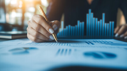 Close-up of Hands Analyzing Financial Data on Paper with a Pen, Representing Business Analysis, Financial Reports, and Decision Making.
