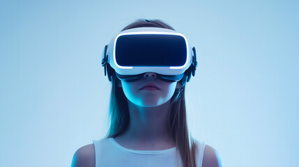 Young Girl Experiencing Virtual Reality with a VR Headset in a Minimalistic White Setting, Representing Future Technology and Immersive Experiences