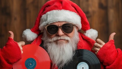 Cool Santa Claus in Retro Fur Coat Holding Vintage Vinyl Records, Hipster Christmas Music, Holiday,...