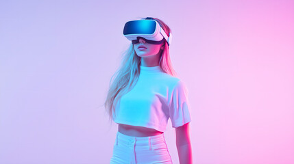 Young Girl Experiencing Virtual Reality with a VR Headset in a Minimalistic White Setting, Representing Future Technology and Immersive Experiences