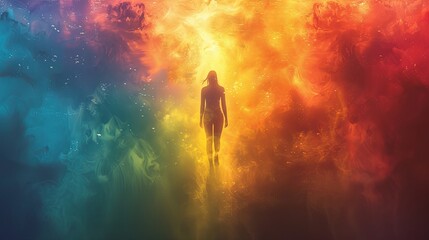 Fototapeta premium human flying free chakra abstract mind mental health soul healing spiritual imagine dream inspire energy emotion holistic connected universe art watercolor painting illustration color aura rainbow