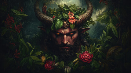 Fototapeta premium A Renaissance-style devil with realistic features and ornate robes, surrounded by classical architecture and lush scenery.