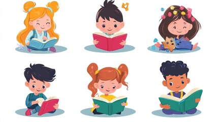 Vector set of digital reading, showing children enjoying fairy tales on their devices with lively illustrations