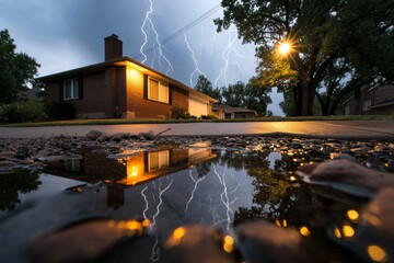Fototapeta premium Suburban home during a powerful storm, lightning flashing in the background, wet ground reflecting debris, tension and beauty in the stormy night