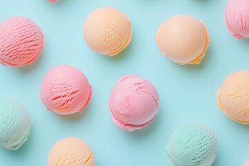 Obraz premium Bright and cheerful scoops of pink, yellow, and mint ice cream are artfully scattered across a smooth blue surface, creating a fresh summer vibe.