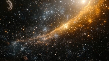 A cosmic view of a galaxy with stars and planets in a dark background.
