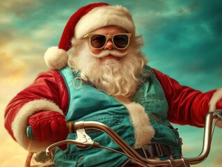 Hipster Santa Claus Riding Vintage Bicycle with Retro Vest and Sunglasses, Christmas Holiday Illustration