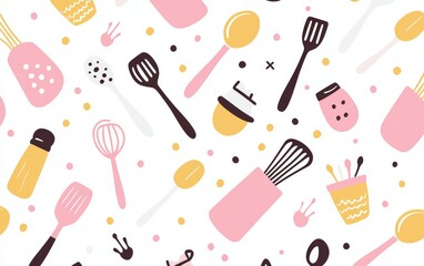 Tiny pastel spoons, spatulas, and aprons in a minimalist style, perfect for a cute baking sticker set