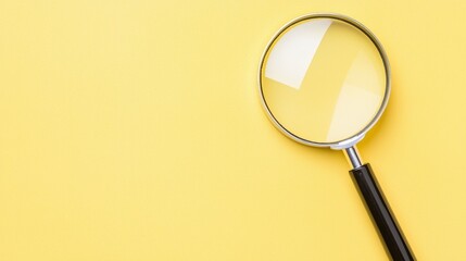Top view of a magnifying glass on a yellow background, minimalist style, perfect for search or analysis-themed designs with bold color