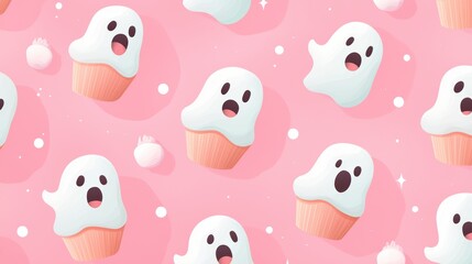 Fototapeta premium Spooky Sweet Delights - Kawaii Pastel Halloween Sweets Pattern with Cute Ghost Cookies & Monster Cupcakes
