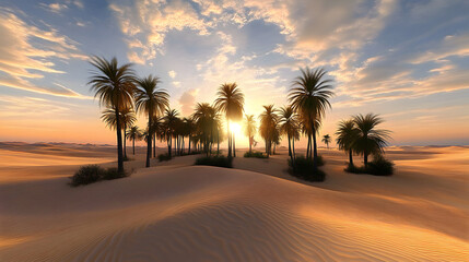 Beautiful oasis in the sandy desert, panorama of the desert landscape, sunset over the sands, 3D rendering
