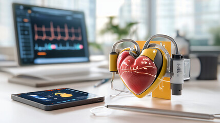 modern implantable heart monitor is displayed on desk, showcasing real time data transmission. heart model is secured with padlock, symbolizing health security and innovation