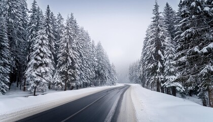 Obraz premium snowy forest after a snowstorm and black road in winter