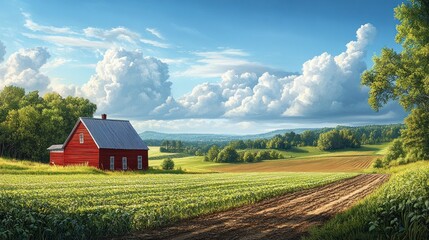 Obraz premium Serene countryside scene with a red barn and lush fields.
