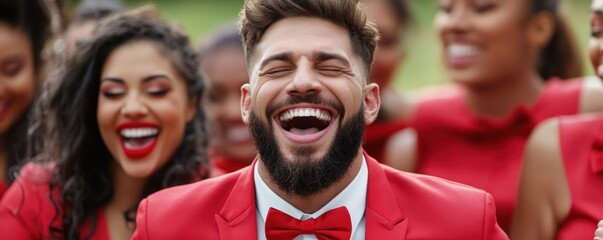 Obraz premium Joyful Millennials in Stylish Formal Wear Dance with Elegance and Laughter, Fashionable Red Suits Dresses for Weddings, Parties Events