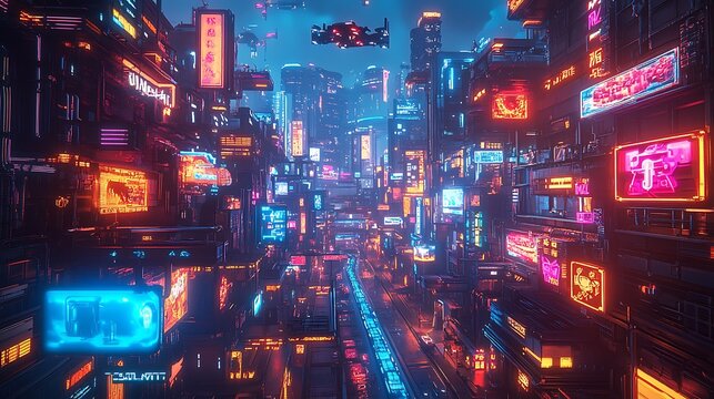 A futuristic cyber city at midnight, towering buildings with vibrant neon accents, robotic drones patrolling the skies, streets filled with digital advertisements and holographic displays,