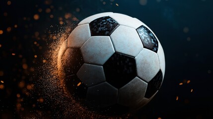 Naklejka premium Close-up of a soccer ball in motion with dynamic sand particles surrounding it, highlighting movement and impact on a dark background.