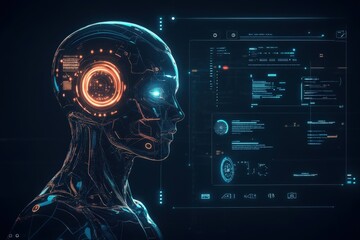 A futuristic robotic head features an advanced AI interface that highlights various data displays and glowing elements, reflecting cutting-edge technology in a digital landscape.