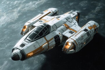 An advanced spaceship displays elegant engineering as it hovers effortlessly in a clean, solid background, showcasing its futuristic design and functionality.