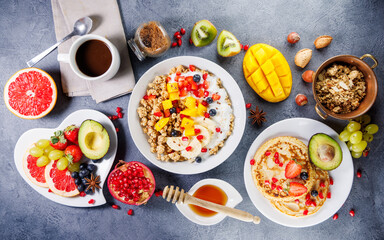 healthy granola, fresh fruits and pancakes for breakfast