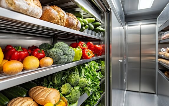 Walk-in industrial refrigerator with rows of neatly arranged produce and bread, clean and organized, stainless steel shelving, large-scale food storage solution