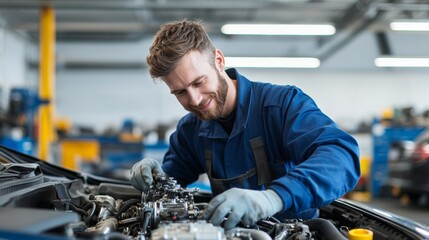 Two men are smiling and posing for a picture in a garage. Scene is happy and friendly. Automotive mechanics repairing a car engine in a garage, surrounded by tools and parts.