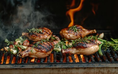 Whole chickens grilling over an open flame, crispy golden skin and smoke rising, surrounded by herbs and vegetables, intense barbecue scene