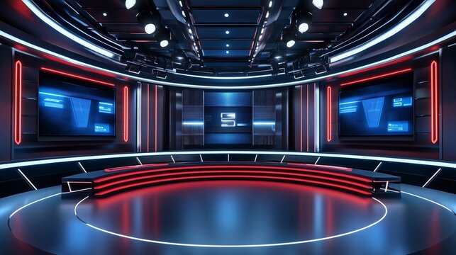 TV news, virtual studio background. Ideal also for online shows or live events. Modern 3D rendering backdrop suitable on VR tracking system stage sets
