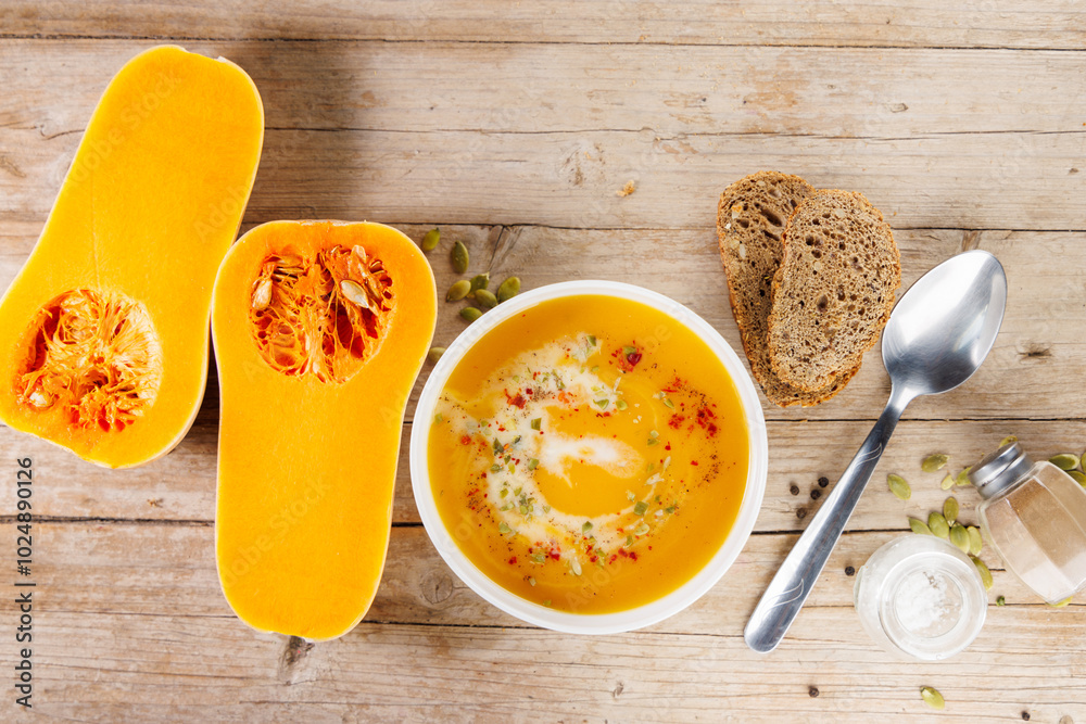 Wall mural homemade butternut soup on wood background