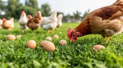 Fototapeta premium free-range chickens grazing in an organic farm, lush green fields with scattered eggs under bushes